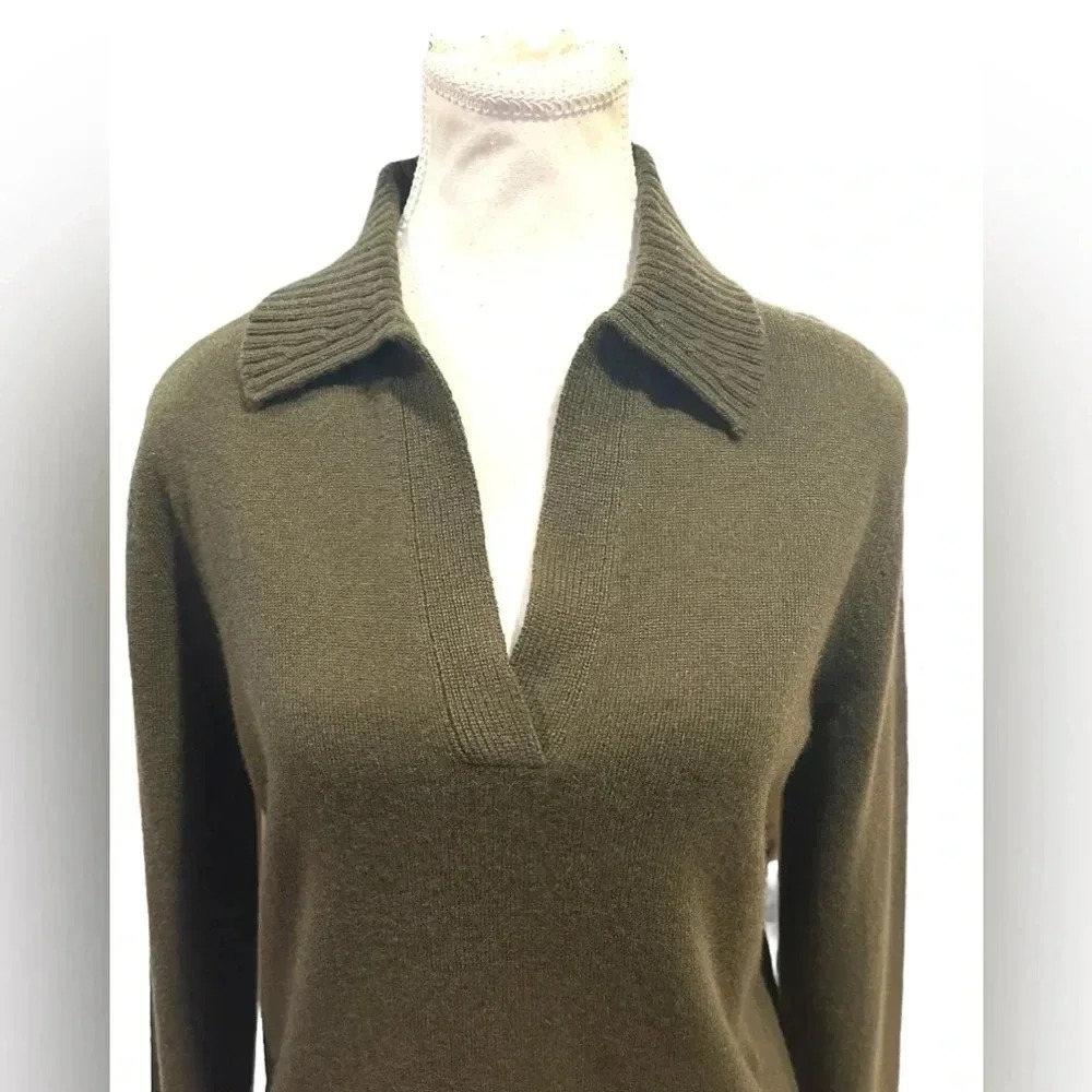 Theory Olive Green V-Neck Collared Sweater